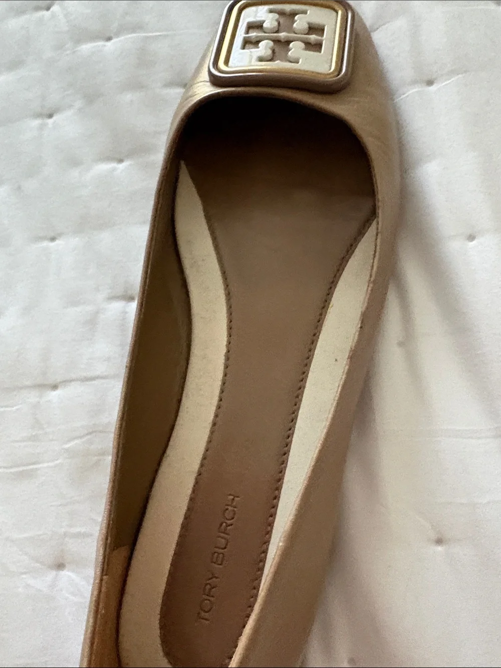 Tory Burch Metallic Tan Logo Ballet Flats